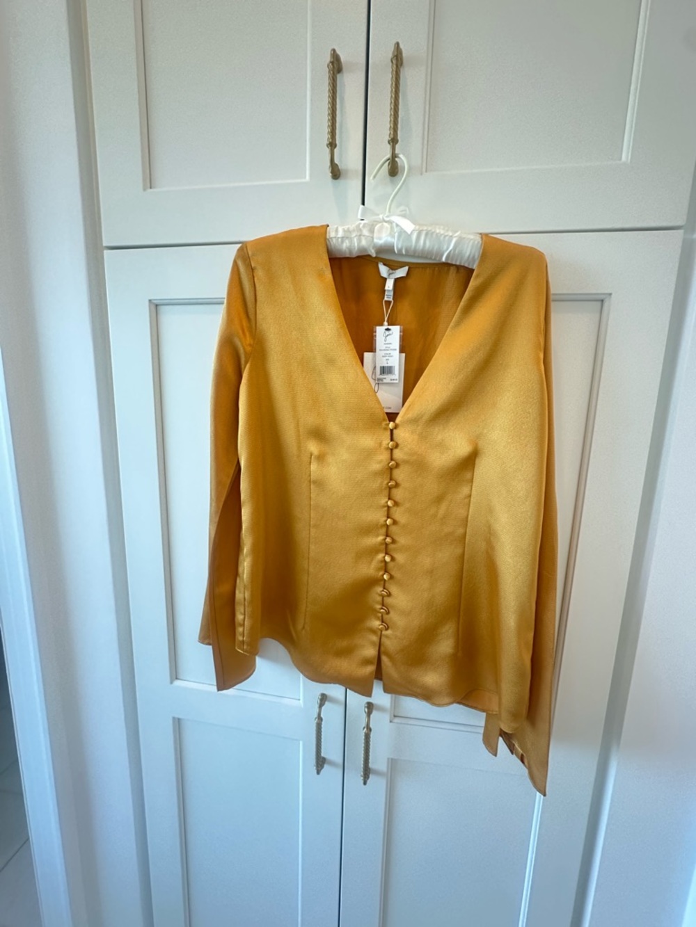 Joie Satin V-Neck Button-Front Blouse in Mustard Gold